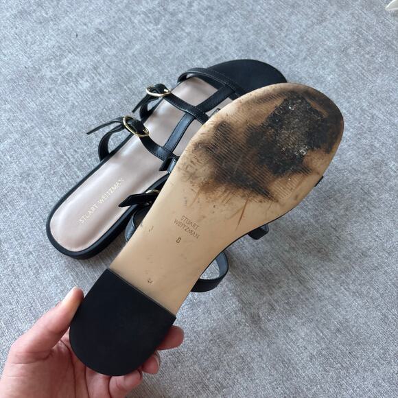 $300 Stuart Weitzman Grecian Buckle flat slide sandals in black leather - Picture 3 of 4